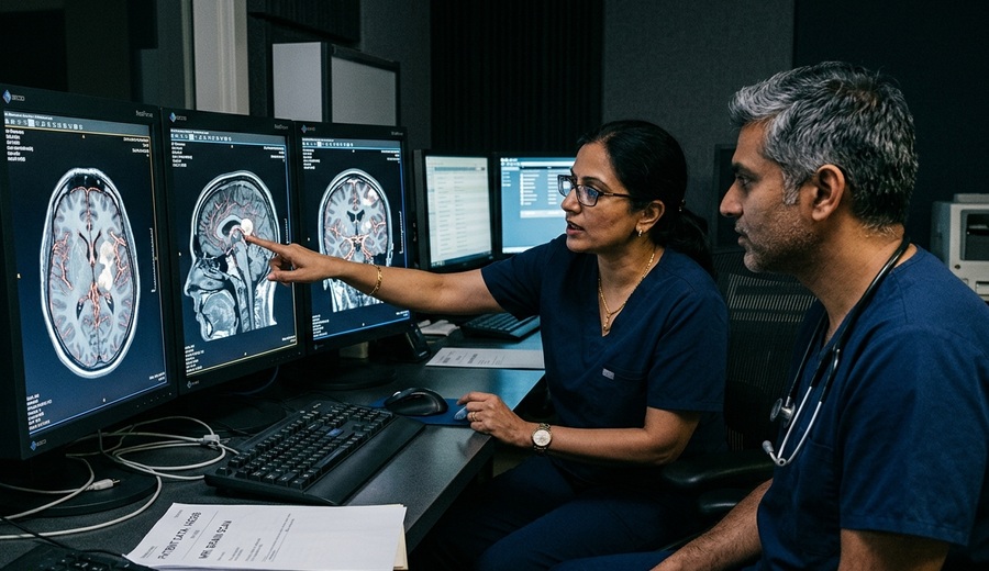 Senior Indian medical specialists reviewing clinical specialty MRI data and medical residency matrices