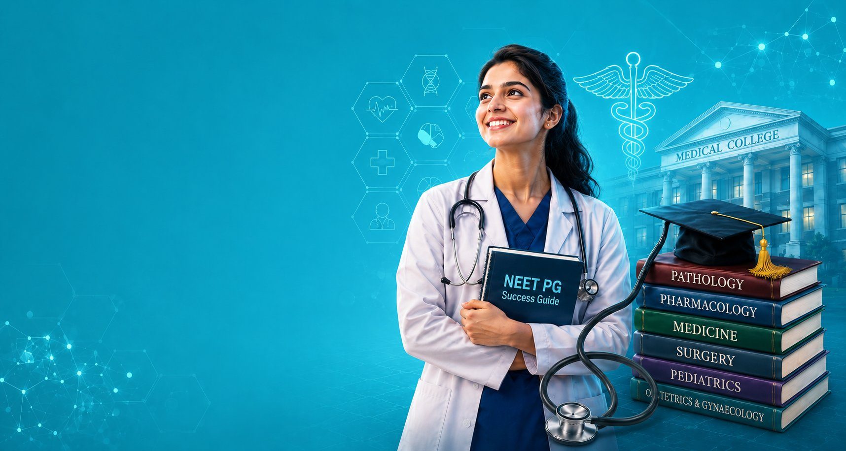 Smiling doctor in a white coat holding NEET PG MD/MS counselling material outside a medical college building — NEET PG admission counselling by Vidyapaath